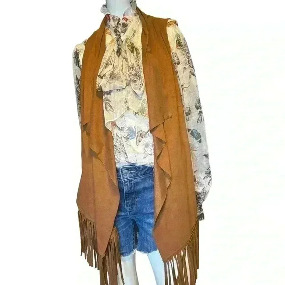French Laundry Tan Faux Suede Fleece Lined  Draped Front fringe Vest Sz S. G#252 - Picture 2 of 10